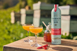 Penrhos Gin bottle with two cocktails on a wooden table outdoors
